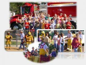 Collage of fire department members interacting with the public during educational programs.