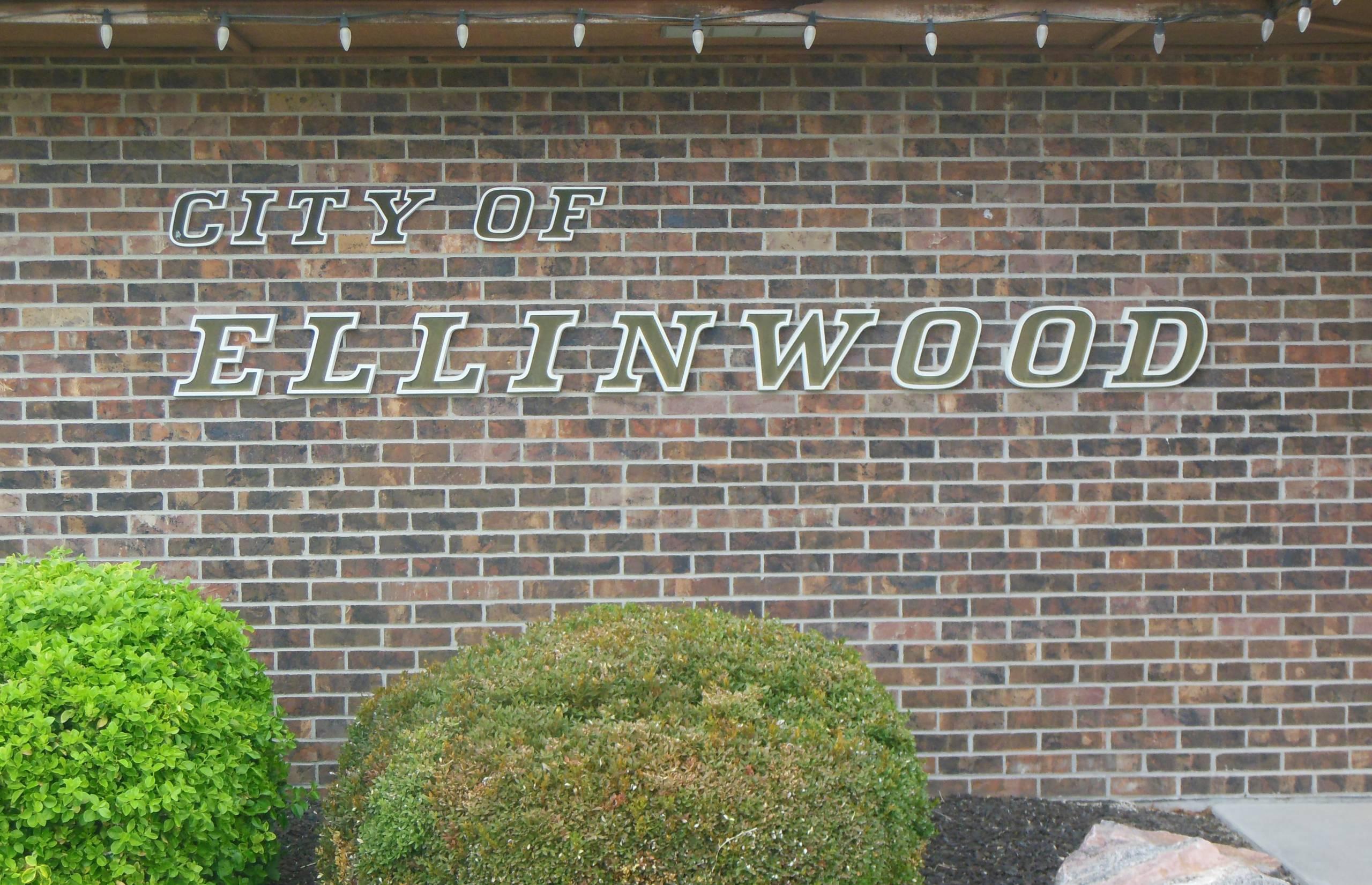 Side of the Ellinwood City Hall. Sign on the building reads, "City of Ellinwood"