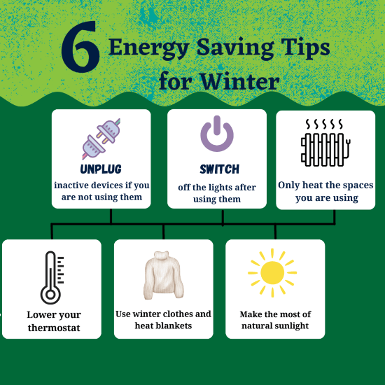 Infographic titled "6 energy Saving Tips for Winter". Content reads: Unplug inactive devices if you are not using them. Switch off the lights after using them. Only heat the spaces you are using. Lower your thermostat. User winter clothes and heat blankets. Make the most of natural sunlight.